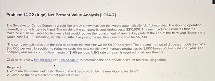 just question 2 please Problem 14-22 (Algo) Net Present Value Analysis (L014-2)