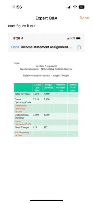  Done income statement assignment.... Name: In-Class Assignasent Incoene Statement - Horisontal