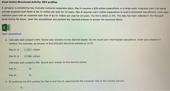  Excel Online Structured Activity: NPV profiles A company is considering two