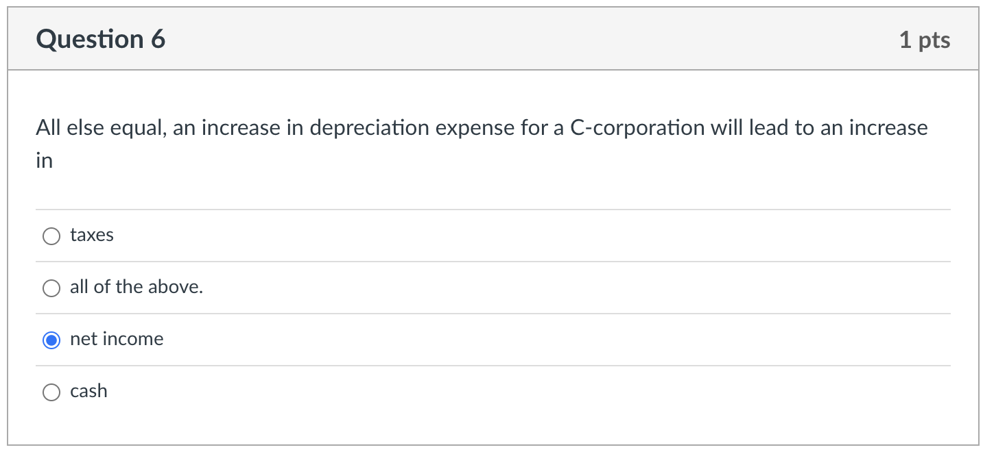  Question 6 1 pts All else equal, an increase in depreciation