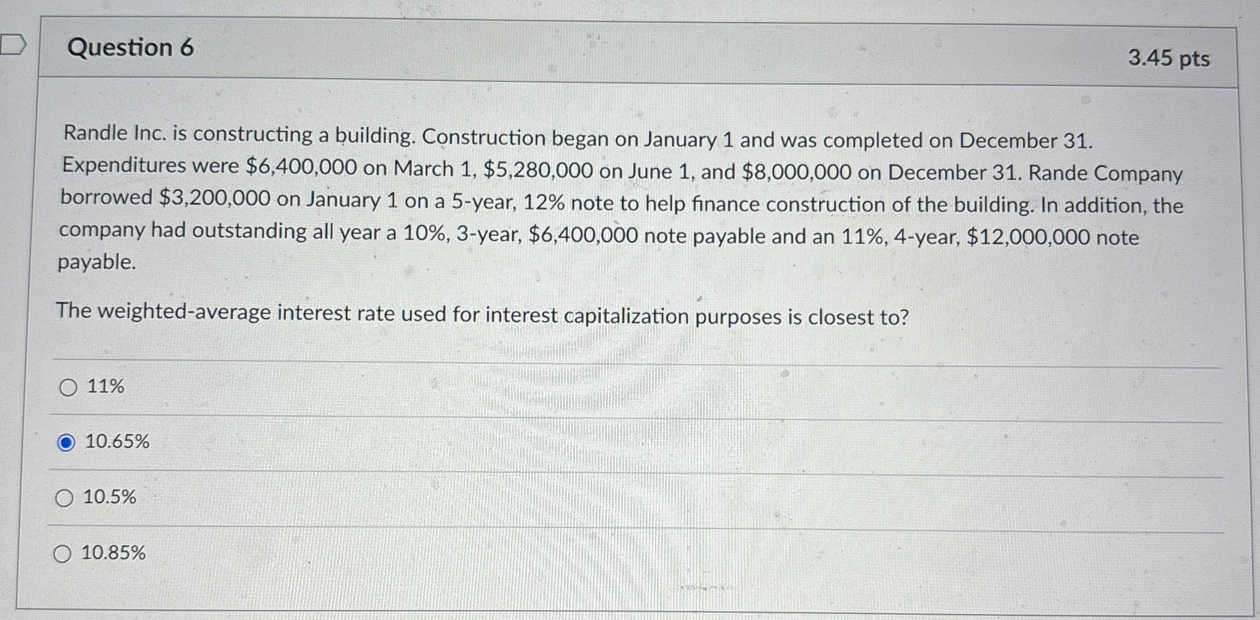  Question 6 3.45 pts Randle Inc. is constructing a building. Construction