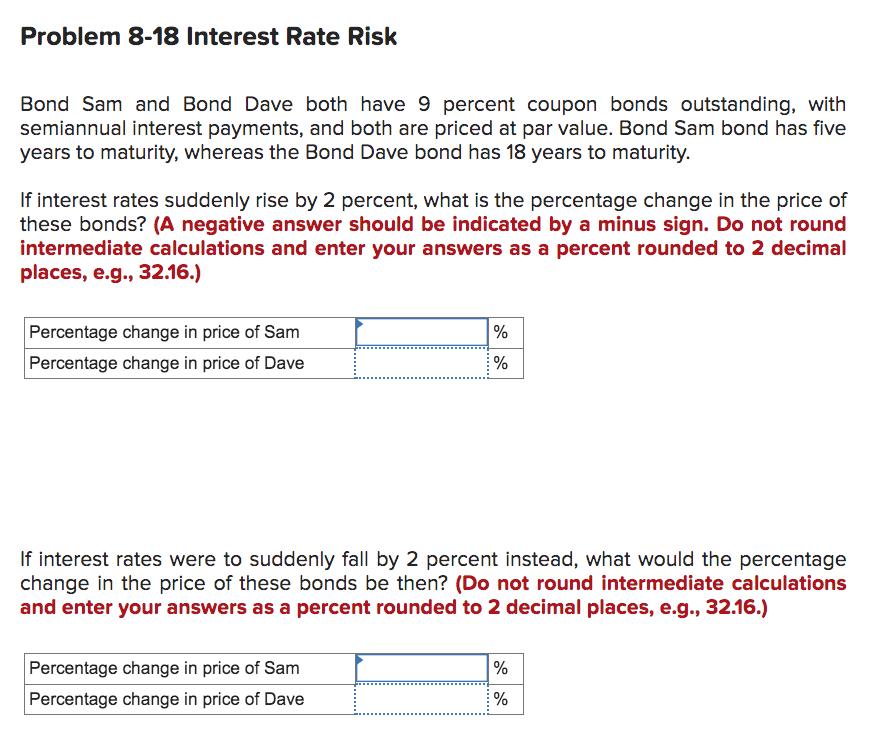  Problem 8-18 Interest Rate Risk Bond Sam and Bond Dave both