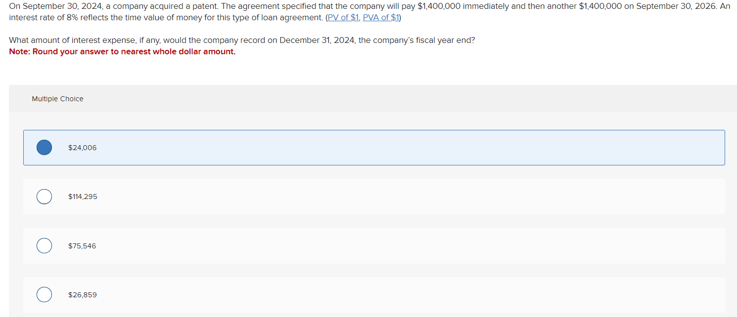  On September 30,2024, a company acquired a patent. The agreement specified