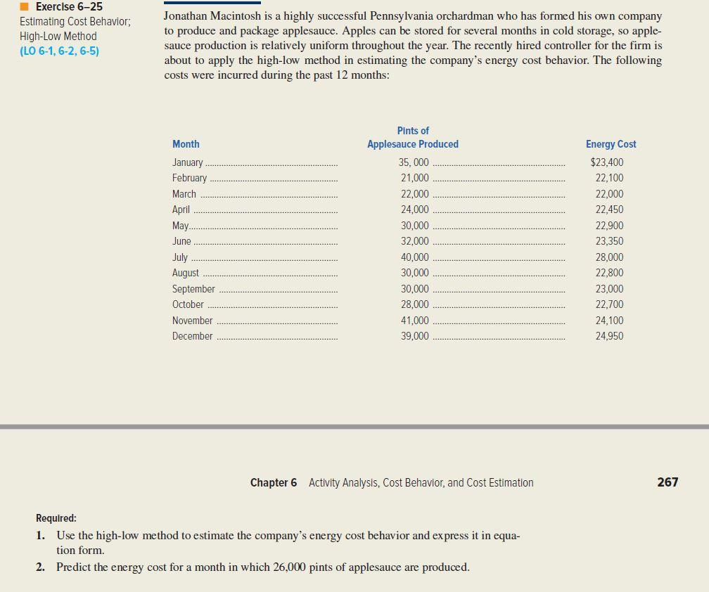  Exercise 6-25 Estimating Cost Behavior, High-Low Method (LO 6-1, 6-2, 6-5)