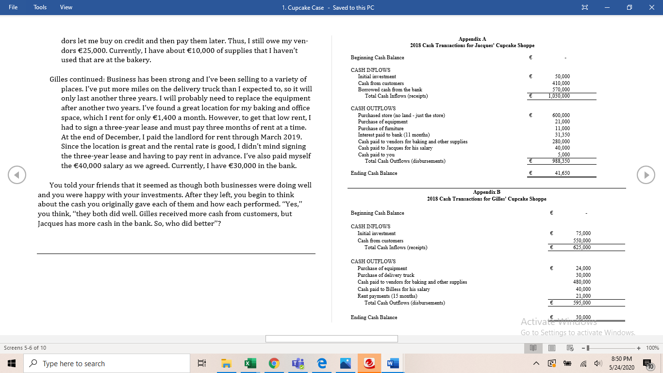 of cash flows File Tools View 1. Cupcake Case - Saved to