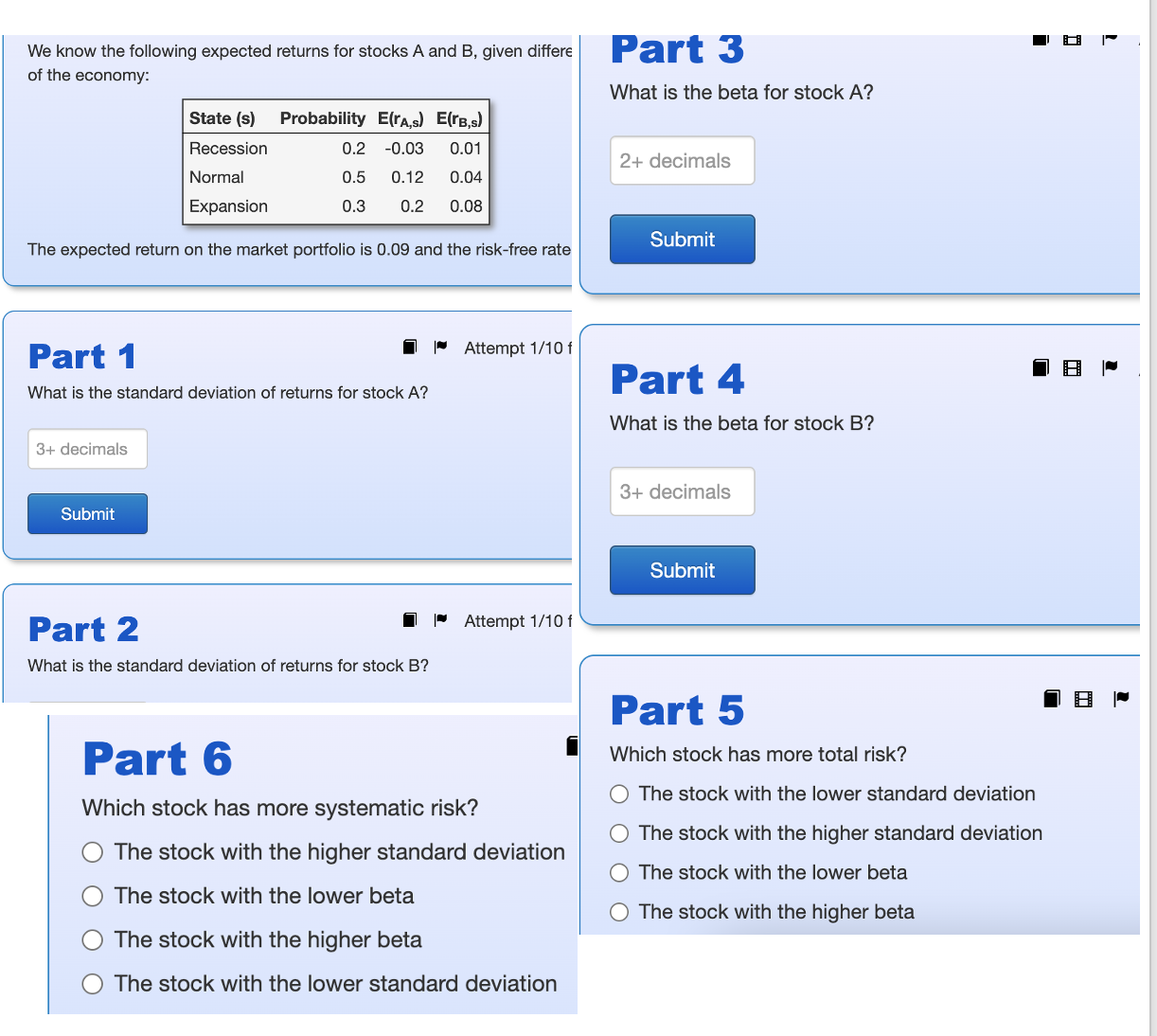 We know the following expected returns for stocks A and B, given
