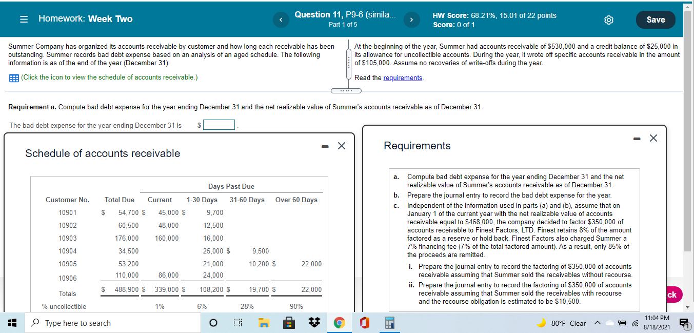 = Homework: Week Two Question 11, P9-6 (simila... Part 1 of