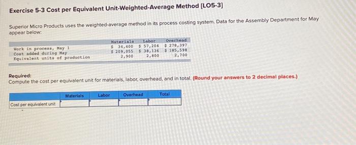  Exercise 5-3 Cost per Equivalent Unit-Weighted-Average Method [LO5-3] Superior Micro Products