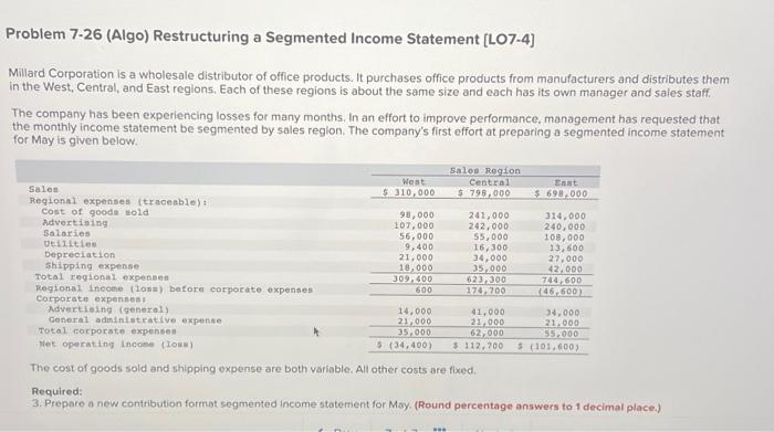  Problem 7-26 (Algo) Restructuring a Segmented Income Statement [LO7-4] Millard Corporation