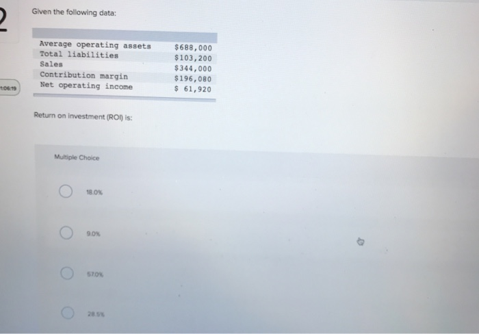  Glven the following data: Average operating assets Total liabilities Sales Contribution