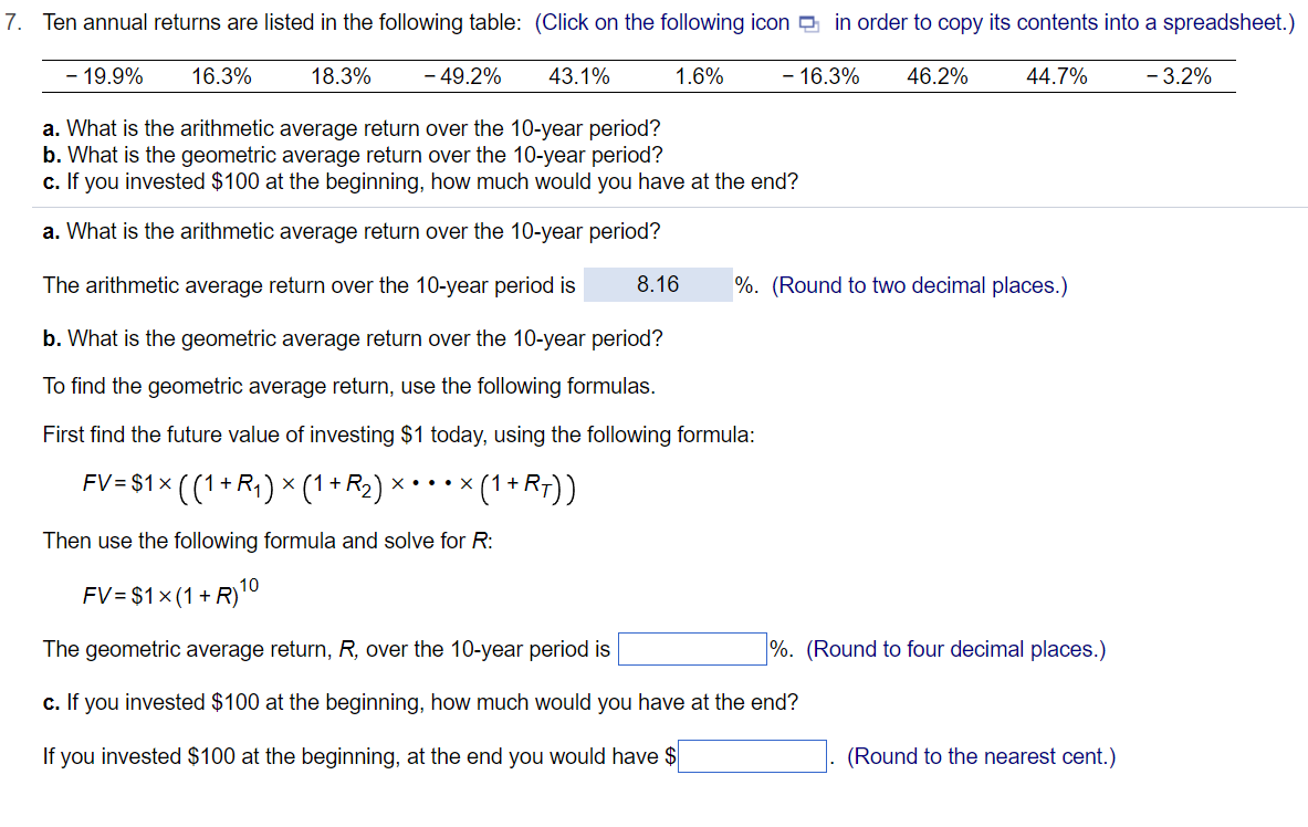  a. What is the arithmetic average return over the 10-year period?