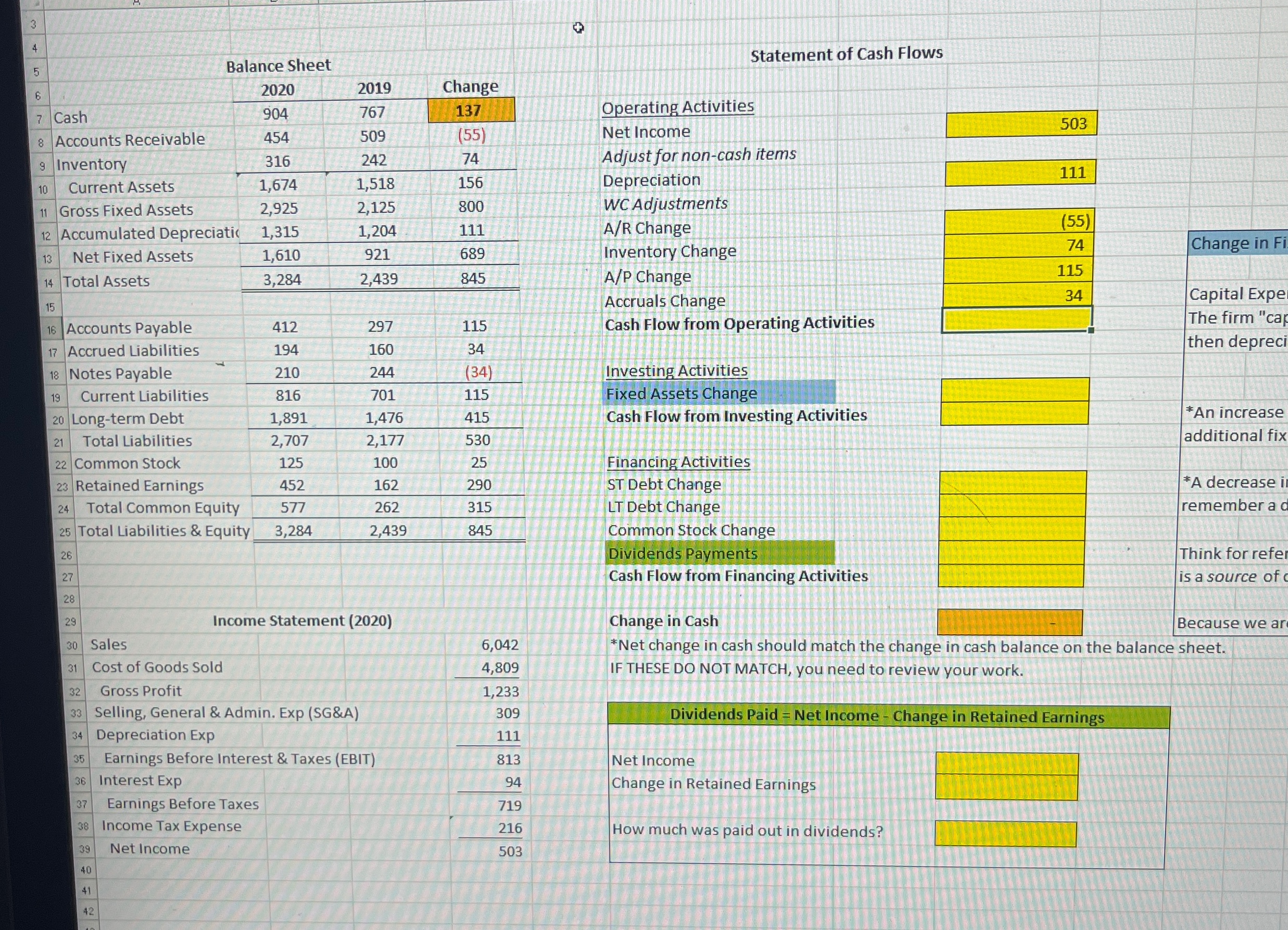  \table[[,,2020,2019,Change],[,Cash,904,767,137],[,Accounts Receivable,454,509,(55)],[,Inventory,316,242,74],[,Current Assets,1,674,1,518,156],[,Gross Fixed Assets,2,925,2,125,800],[,Accumulated Depreciatis,1,315,1,204,111],[,Net Fixed Assets,1,610,921,689],[,Total Assets,3,284,2,439,845],[,Accounts Payable,412,297,115],[,Accrued Liabilities,194,160,34],[18,Notes