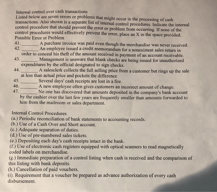  Internal control over cash transactions Liste transact d below are seven