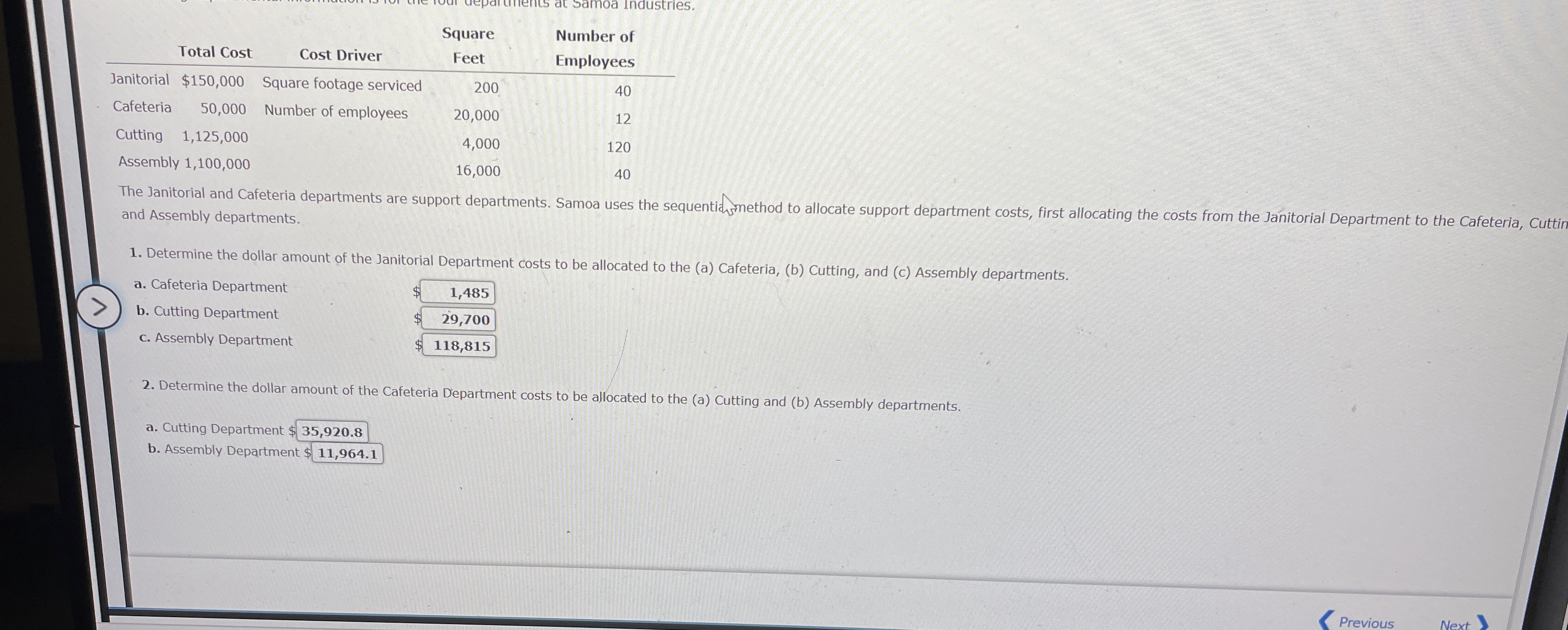  \table[[,Total Cost,Cost Driver,\table[[Square],[Feet]],\table[[Number of],[Employees]]],[Janitorial,$150,000,Square footage serviced,200,40],[Cafeteria,50,000,Number of employees,20,000,12],[Cutting,1,125,000,,4,000,120],[Assembly,y1,100,000,,16,000,40]] and Assembly departments.