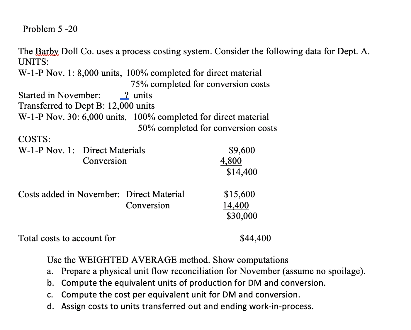  The Barby Doll Co. uses a process costing system. Consider the
