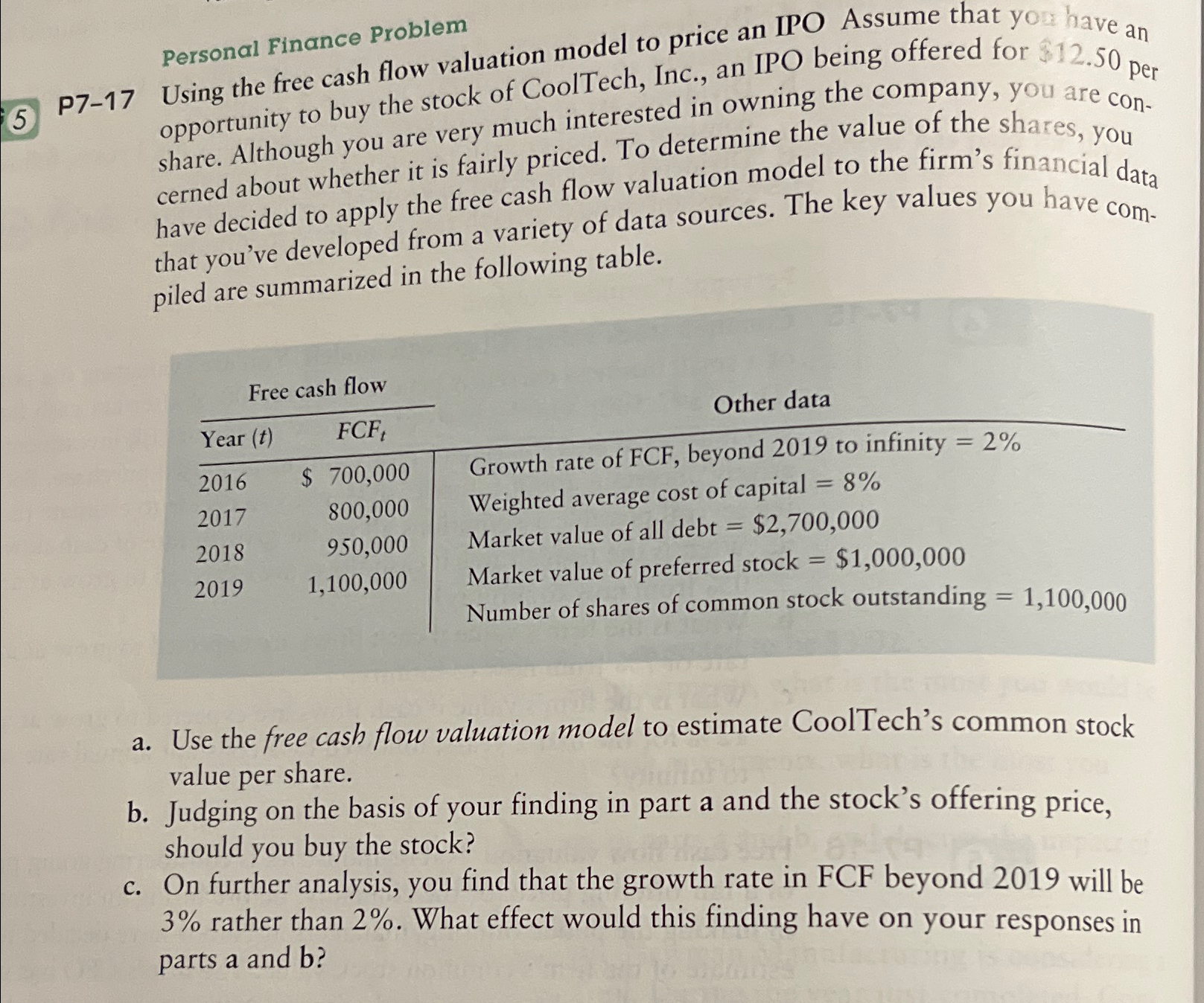  Personal Finance Problem 5 P7-17 Using the free cash flow valuation