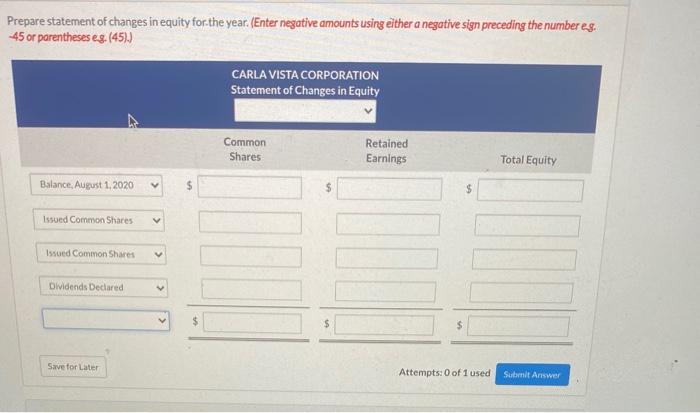  Prepare statement of changes in equity for the year. (Enter negative