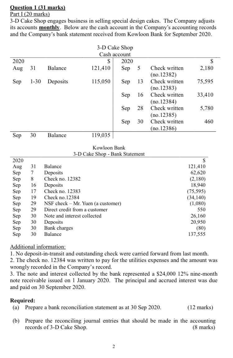  Question 1 (31 marks) Part I (20 marks) 3-D Cake Shop