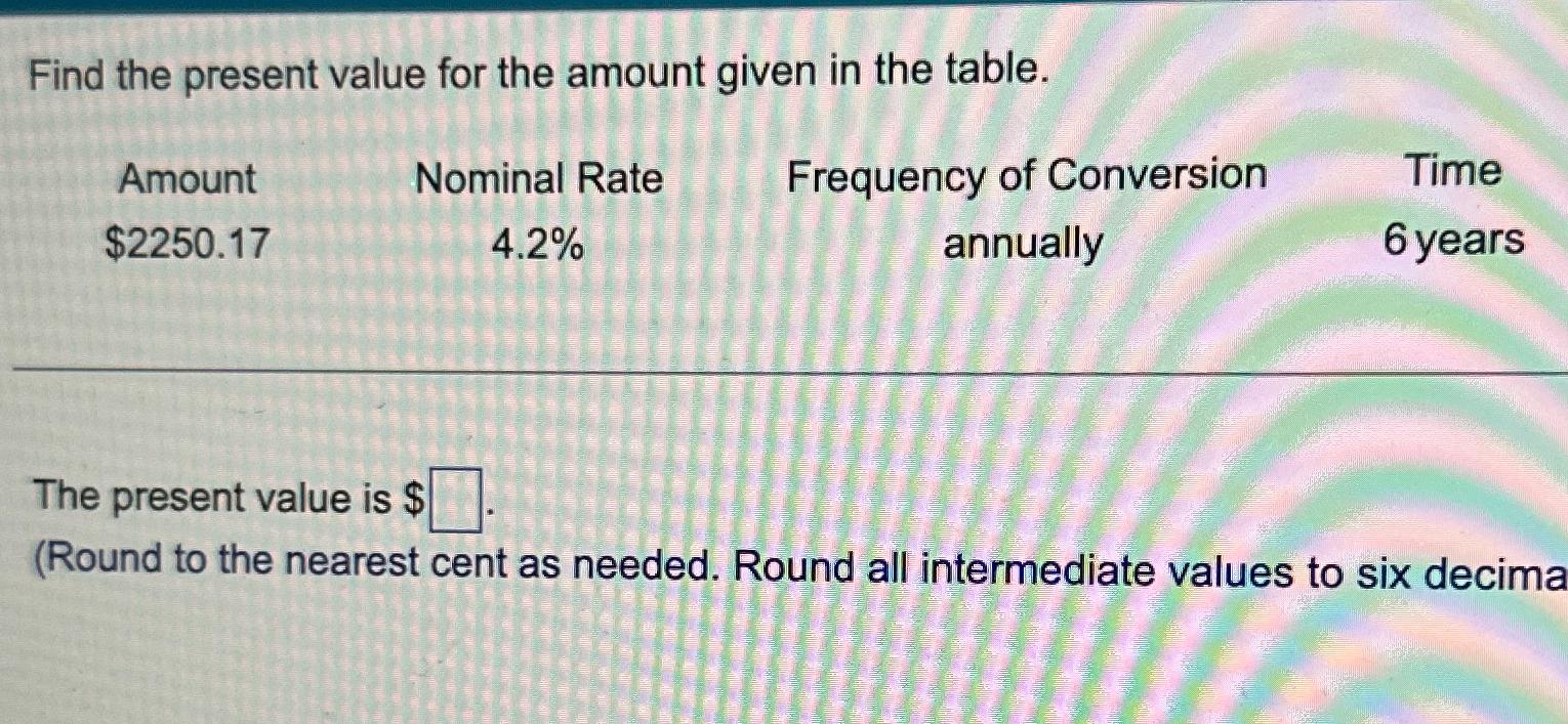  Find the present value for the amount given in the table.