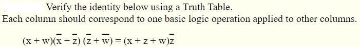 1) Verify the identity below using a Truth Table. Each column should