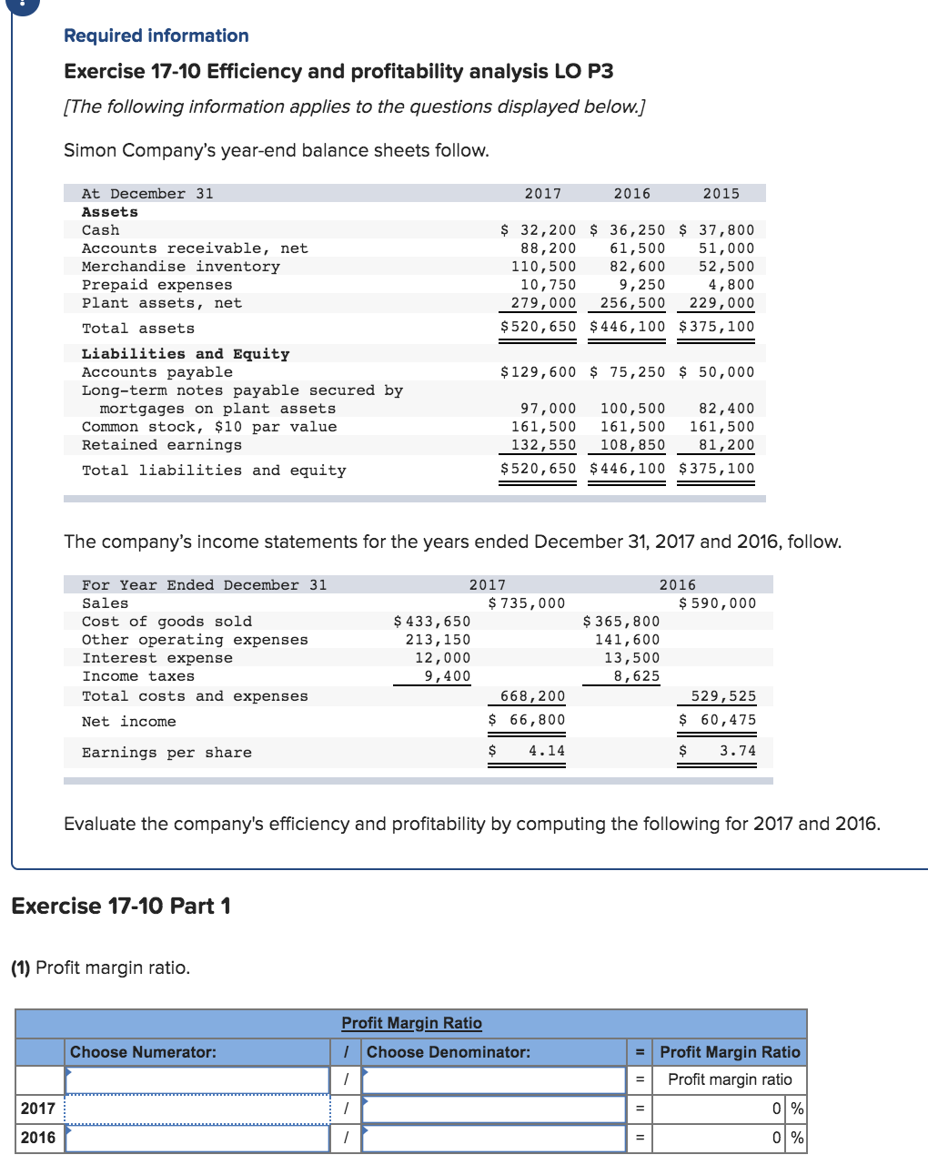  Required information Exercise 17-10 Efficiency and profitability analysis LO P3 (The