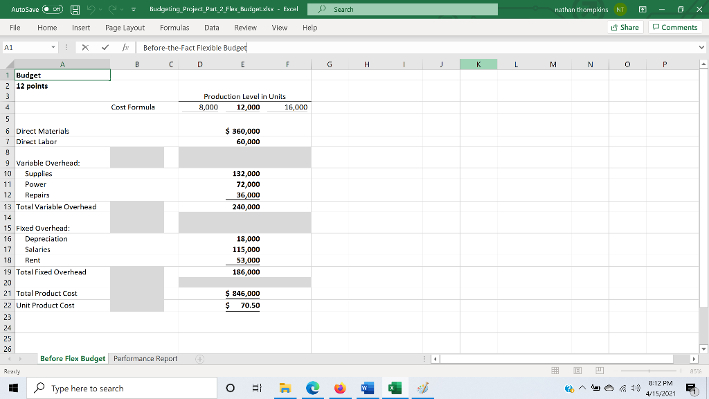 information on the two tabs. First Tab: Before Flex Budget (12 points)