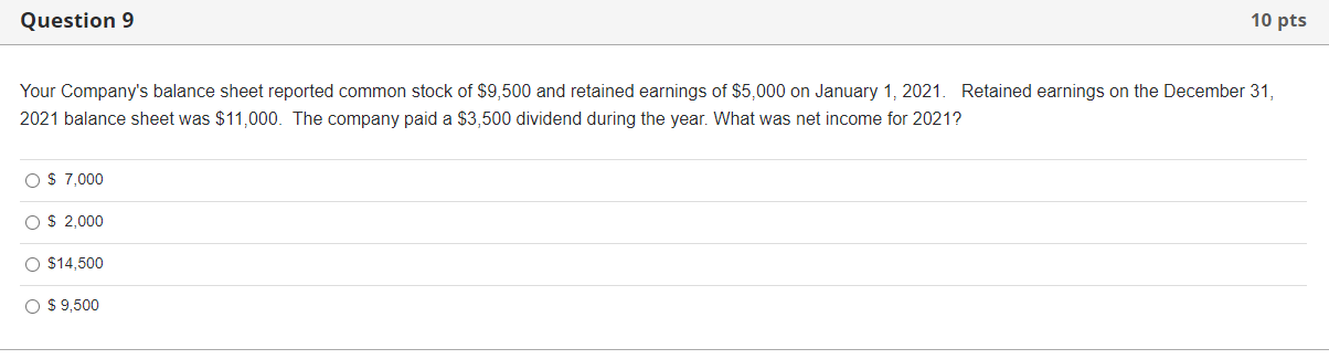  Question 9 10 pts Your Company's balance sheet reported common stock