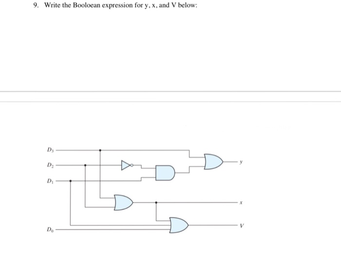  Write the Boolean expression for x, y, and V below: 9.