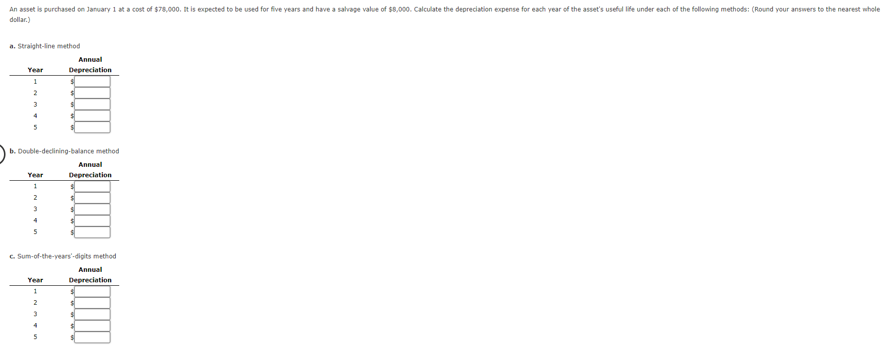 a. Straight-line method b. Double-declining-balance method c. Sum-of-the-years'-digits method