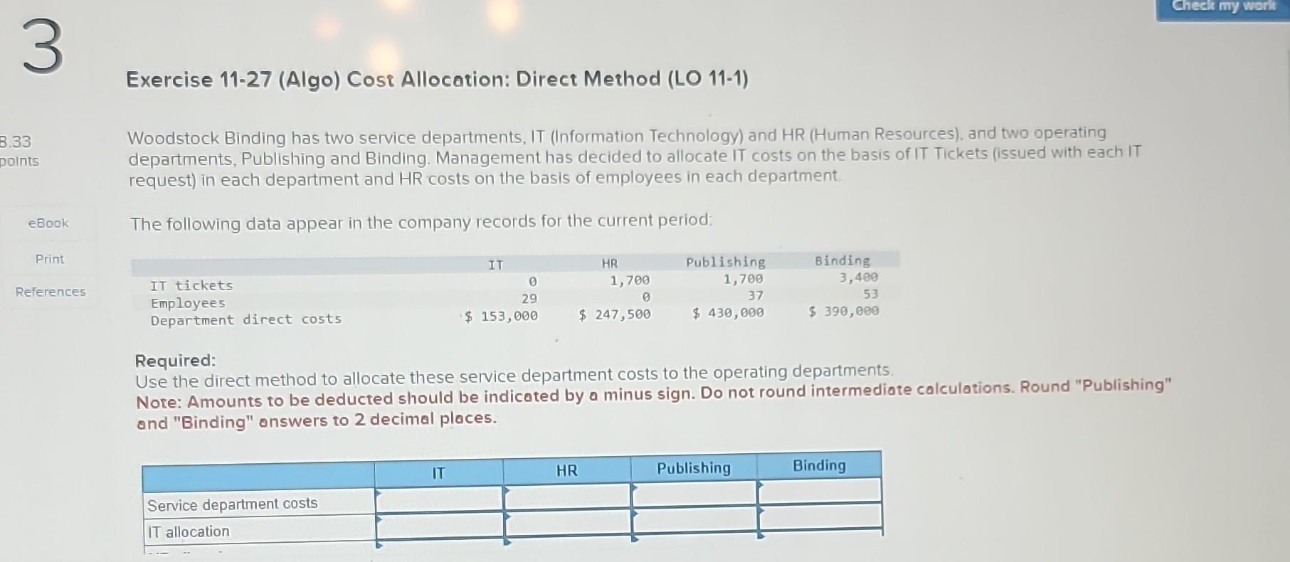  Exercise 11-27 (Algo) Cosi Allocation: Direct Method (LO 11-1) Woodstock Binding