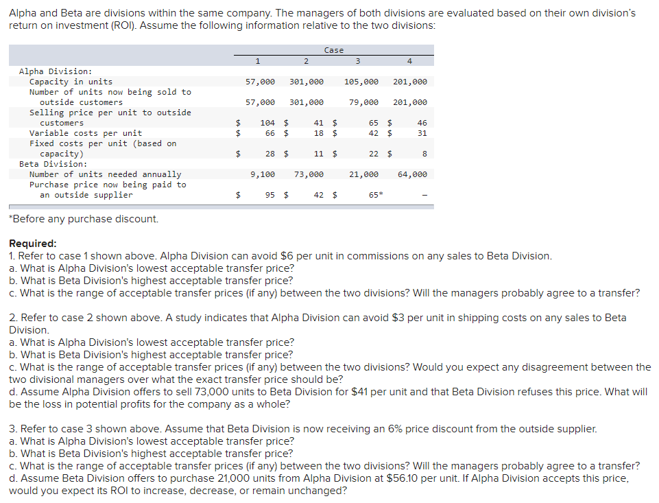  Please show your work. Alpha and Beta are divisions within the