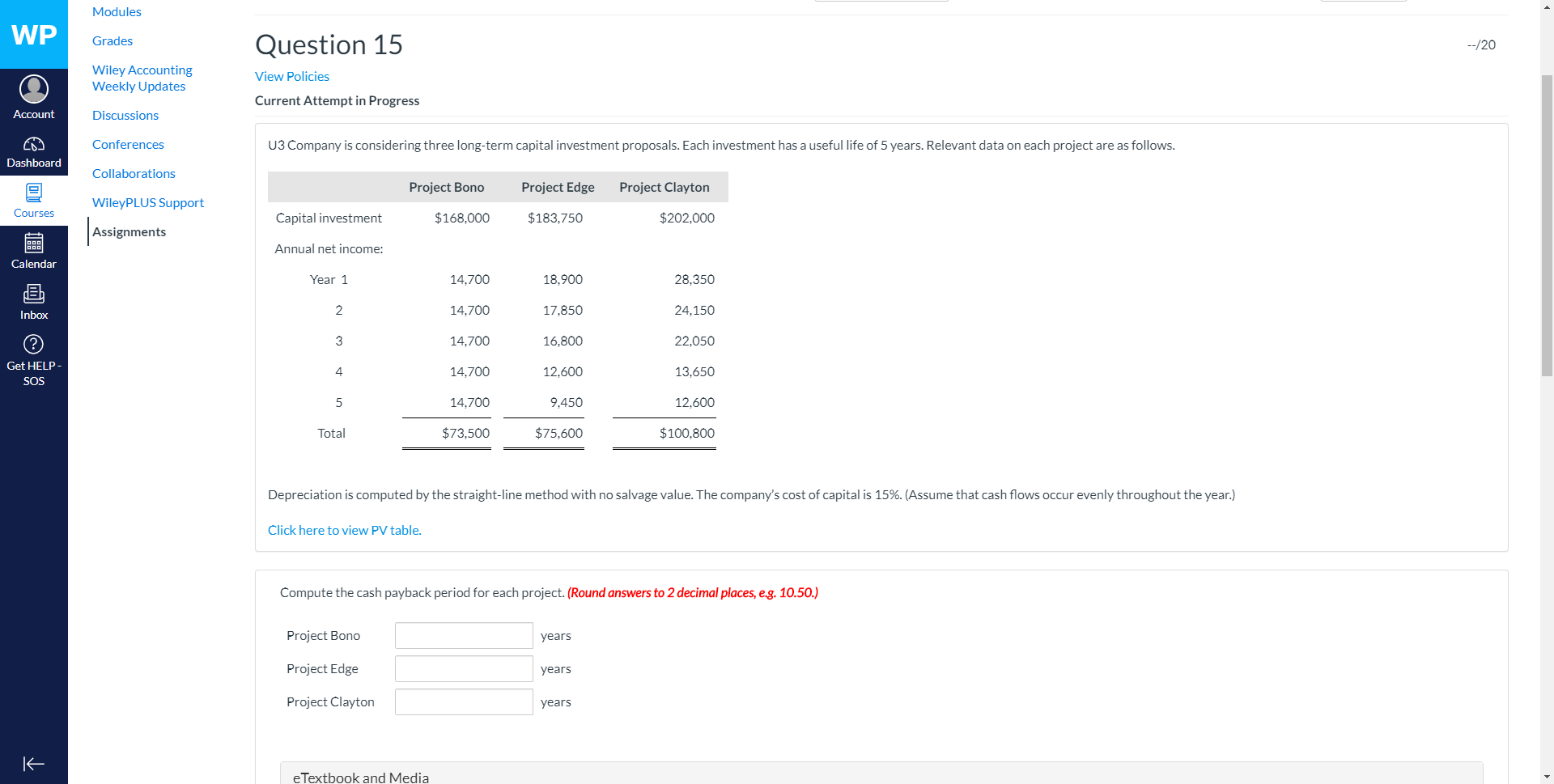 Modules WP Grades Question 15 --/20 Wiley Accounting Weekly Updates View