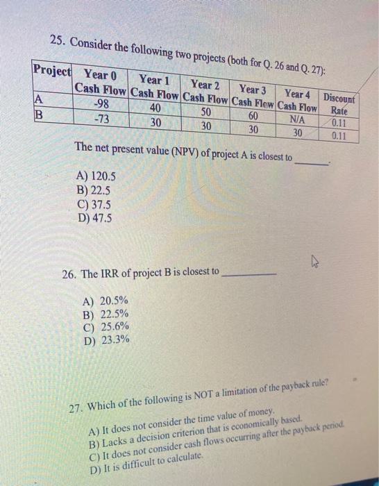  25. Consider the following two projects (both for Q. 26 and