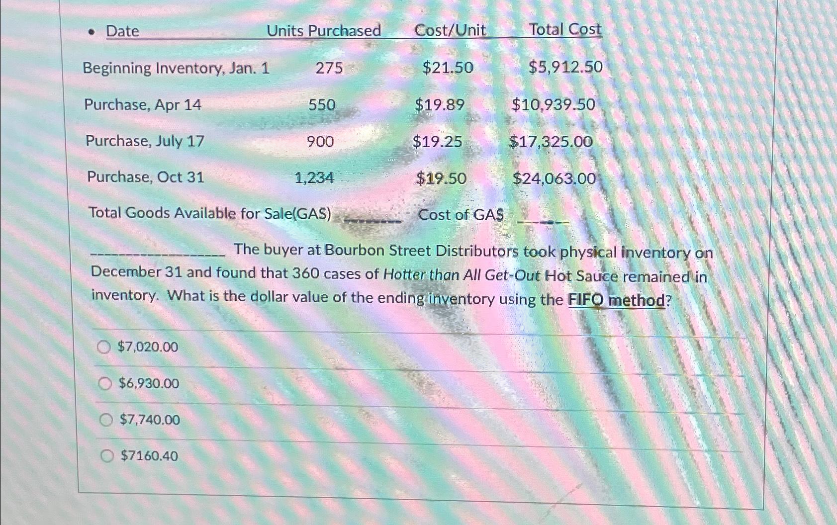  \table[[- Date,Units Purchased,Cost/Unit,Total Cost],[Beginning Inventory, Jan. 1,275,$21.50,$5,912.50 