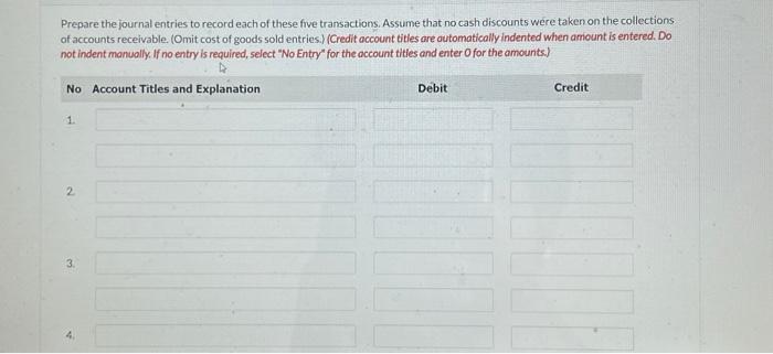 collection of accounts receivable.) Prepare the journal entries to record each of