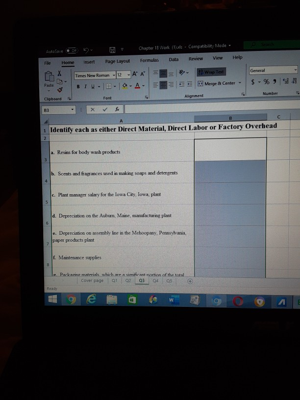 identify each as either direct material, direct labor or factory overhead AutoSave