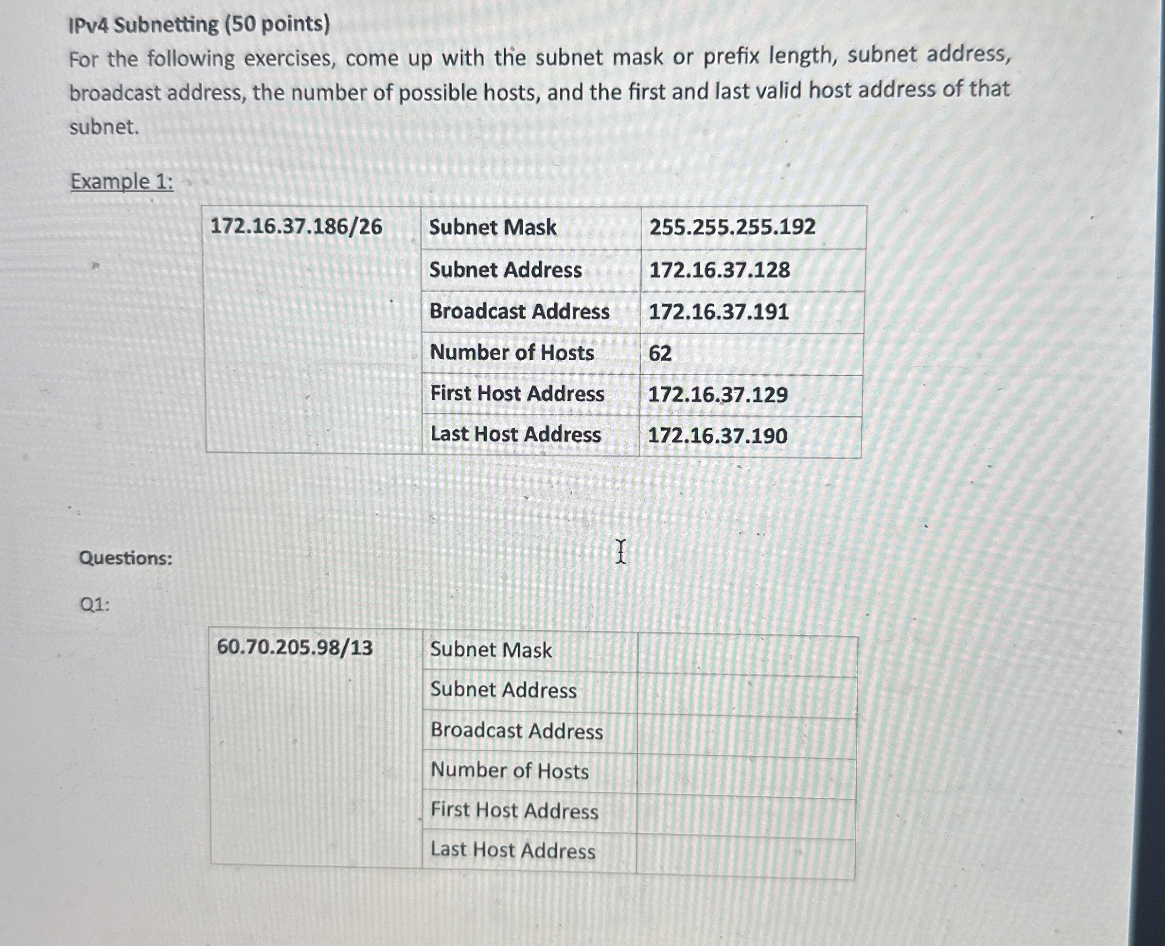  IPv4 Subnetting (50 points) For the following exercises, come up with