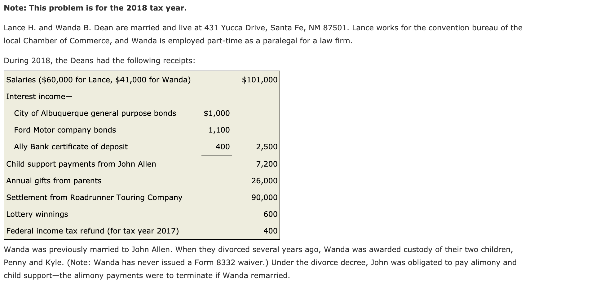  Note: This problem is for the 2018 tax year. Lance H.