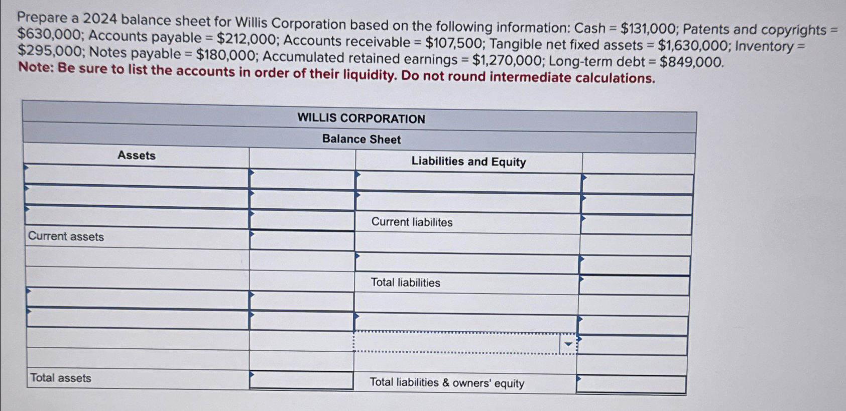  Prepare a 2024 balance sheet for Willis Corporation based on the