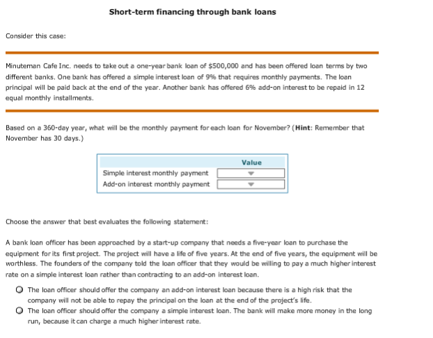 Short-term financing through bank loans Consider this case: Minuteman Cafe Inc.