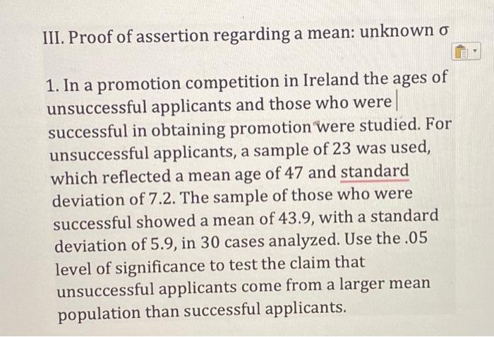  III. Proof of assertion regarding a mean: unknown 1. In a