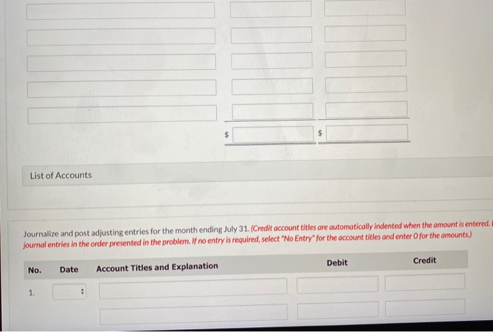 its accounts monthly July 1 Purchased equipment, paying $4,000 cash and signing