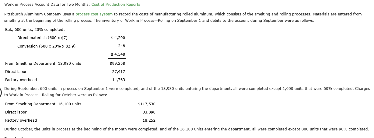  Work in Process Account Data for Two Months; Cost of Production