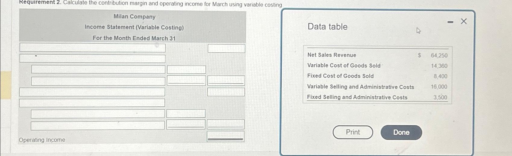  Requirement 2. Calculate the contribution margin and operating income for March