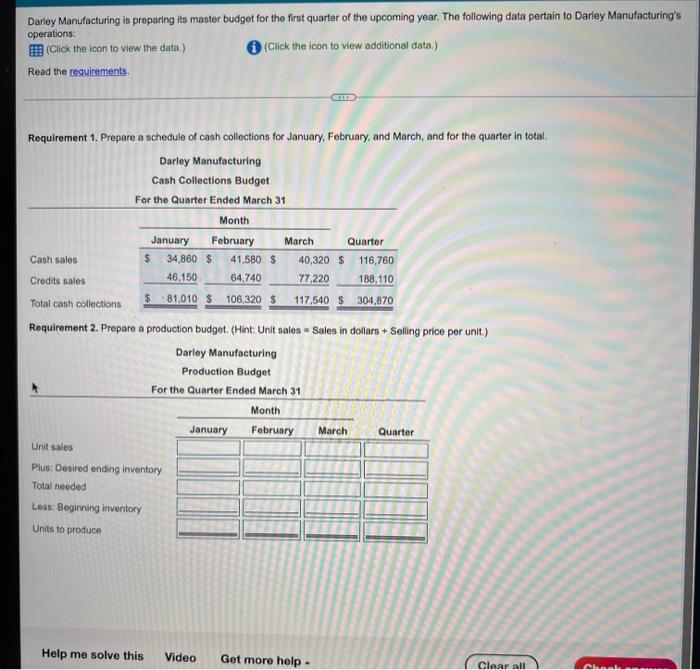  operations: Darley Manufacturing is preparing its master budget for the first