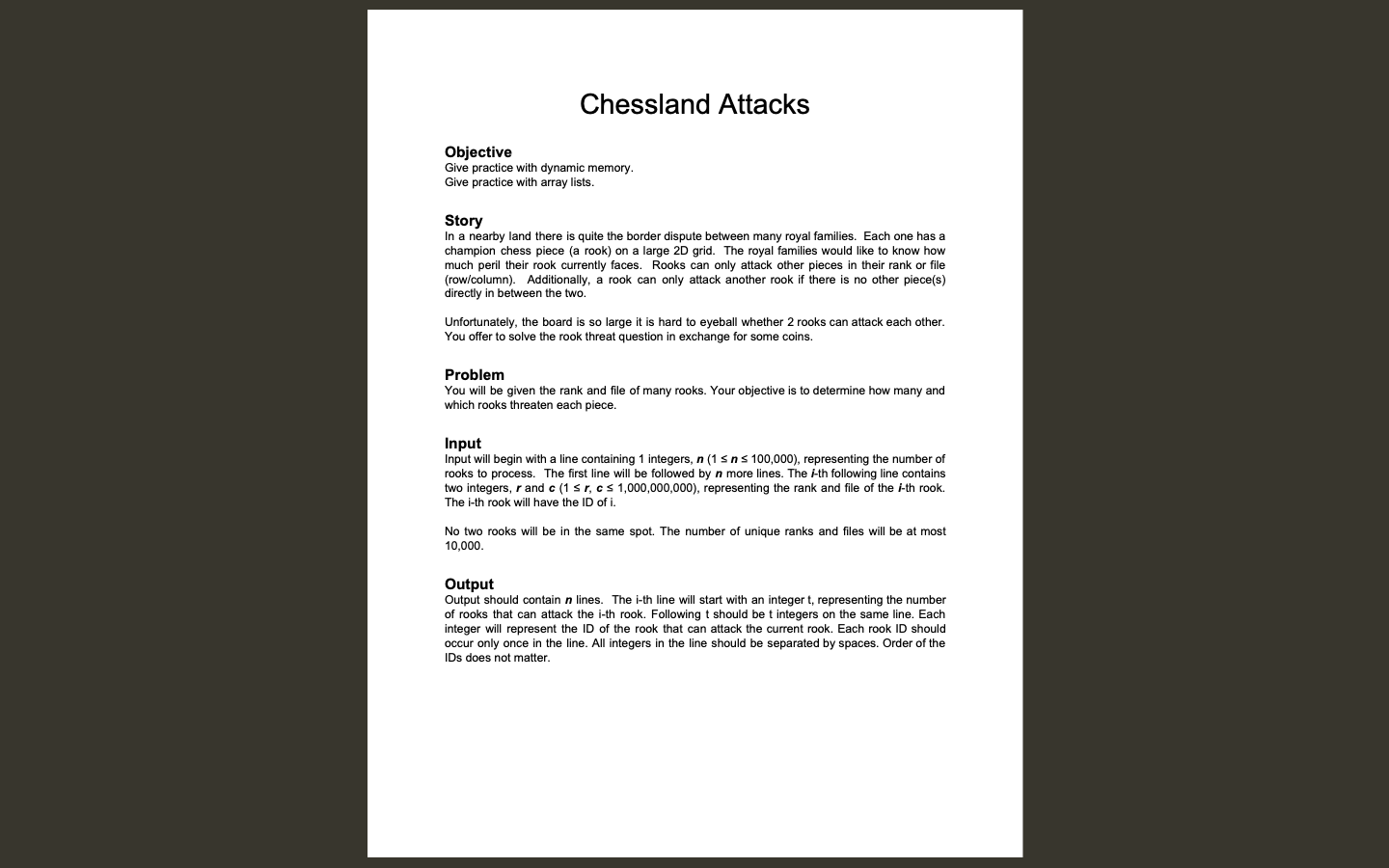  Chessland Attacks Objective Give practice with dynamic memory. Give practice with