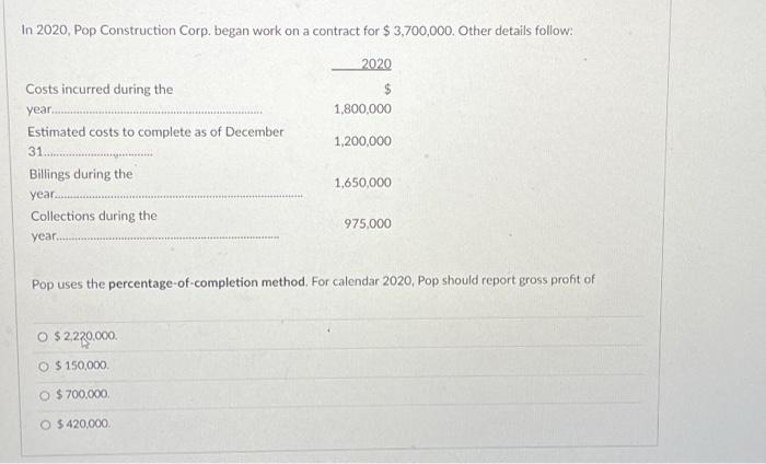  In 2020, Pop Construction Corp. began work on a contract for