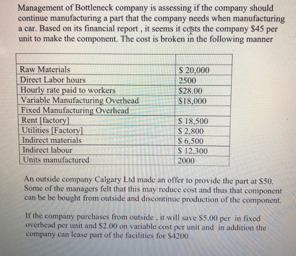 buy the component. Show the calculation Management of Bottleneck company is assessing