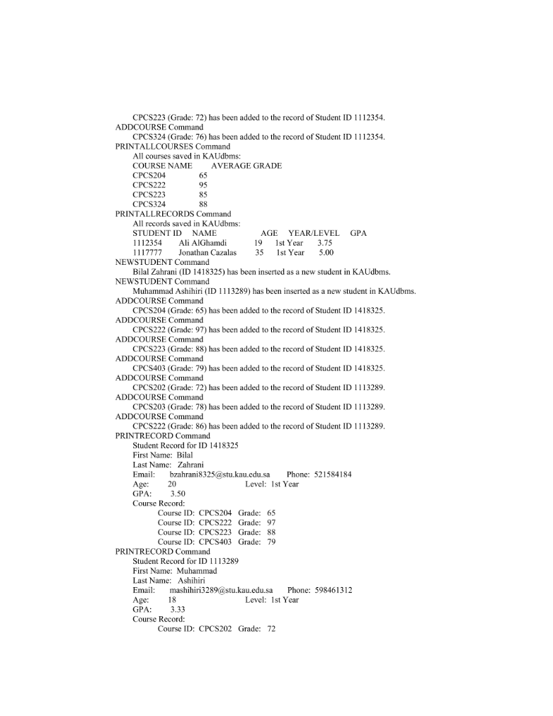 basic personal information (ID, first name, last name, age, level/year, etc.). Additionally,