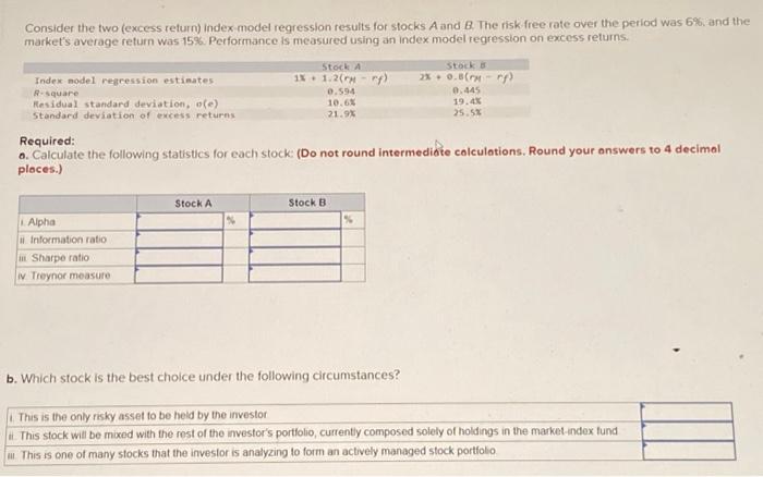  Consider the two (excess return) index-model regression results for stocks A